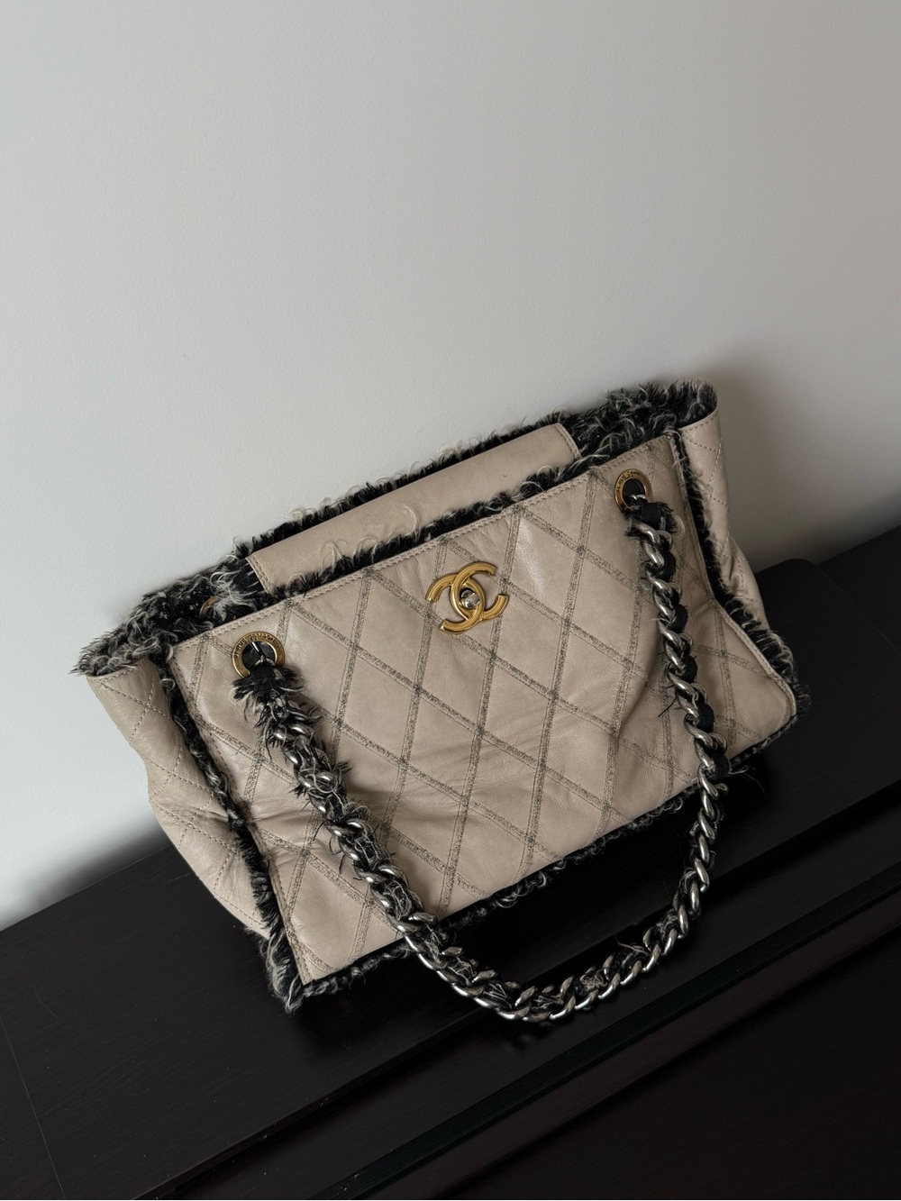CHANEL Grey Lambskin Tweed Trim Shopping Tote Medium GHW